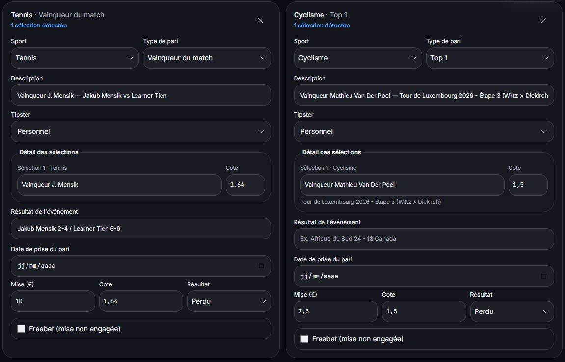 Real Kalivoa review screen showing a tennis bet and a cycling bet